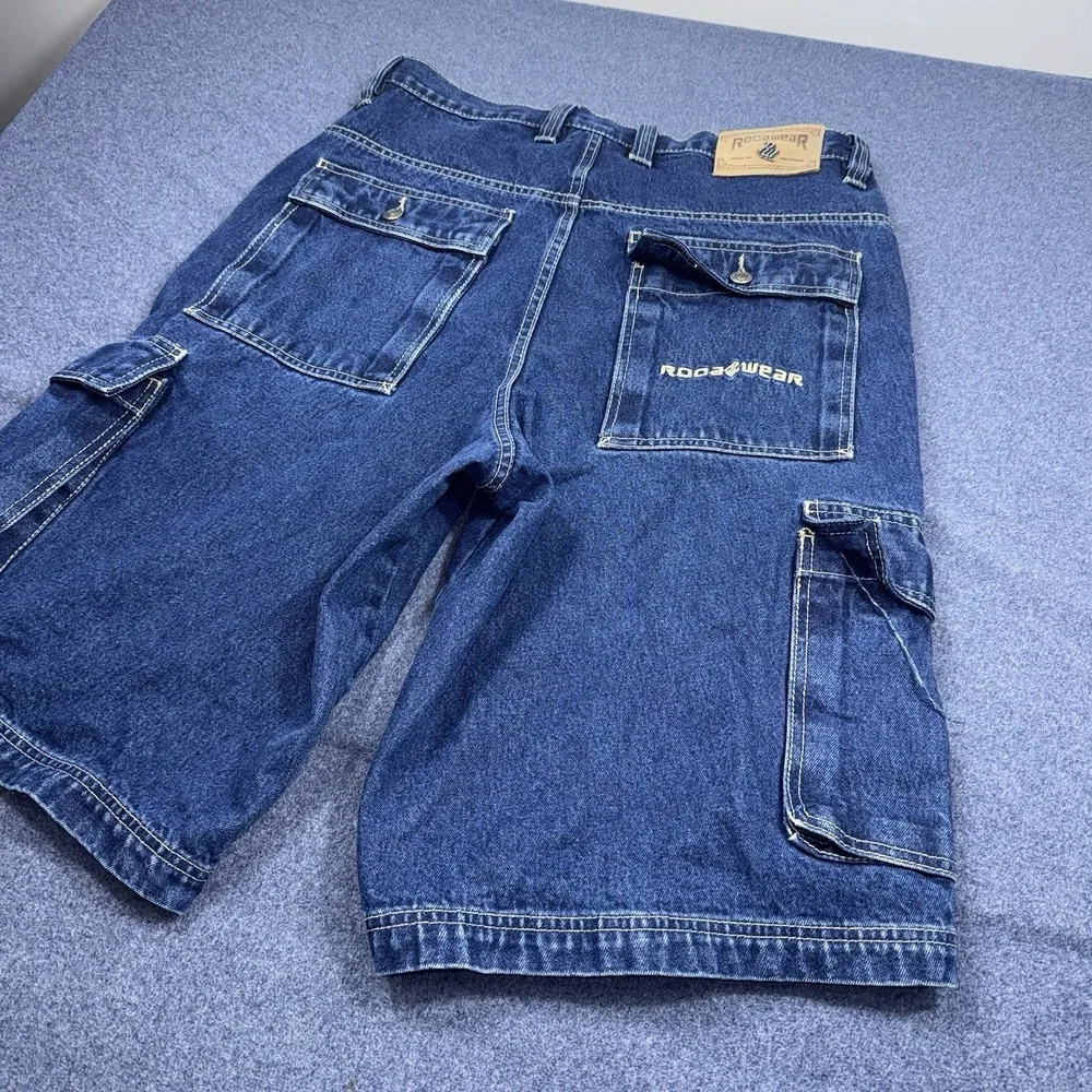 Y2K Rocawear Denim Cargo Shorts Mens 36 Blue Baggy Hip Hop Skate Jorts Grunge